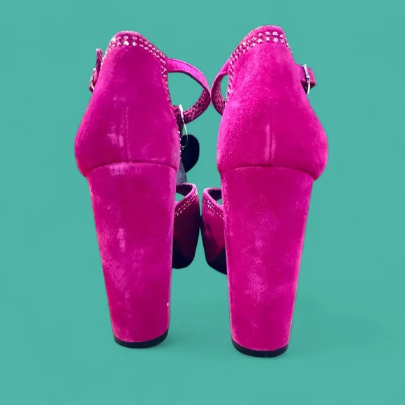 Fuchsia Pink T-Strap Suede Platform Peep-Toe Block Heels Gianni Bini 9 - Picture 3 of 8